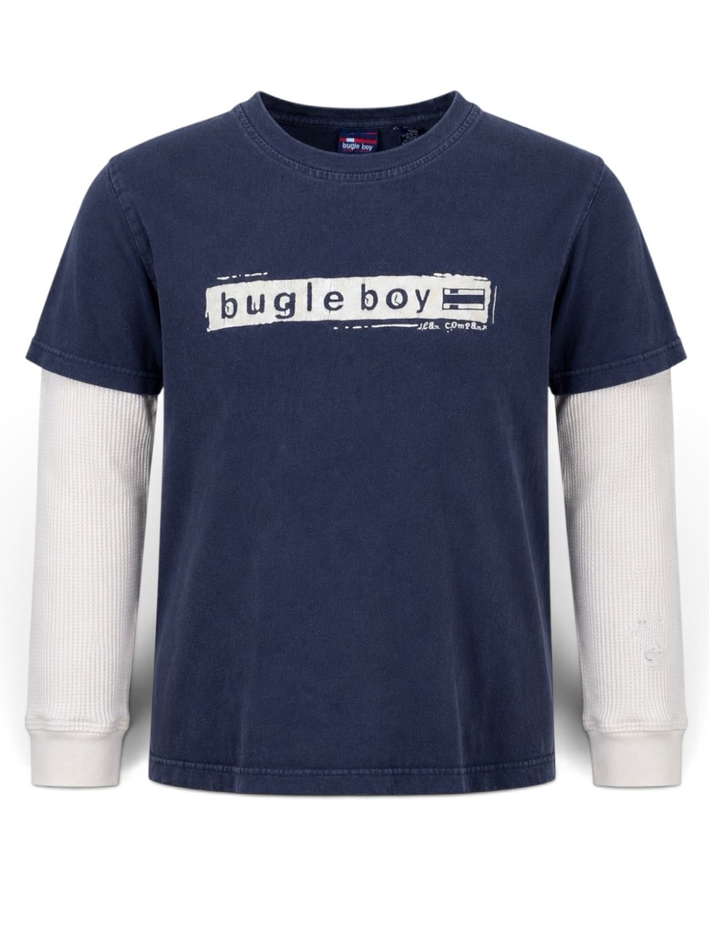 Bugle Boy Navy Top with White Layered Sleeves and Front Logo